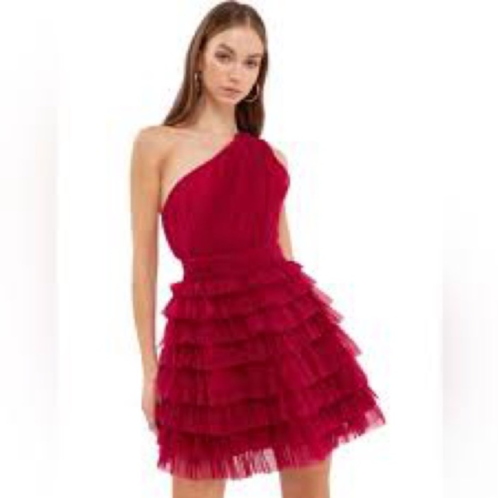 Endless Rose One Strap Tulle Tiered Mini Dress Rose Red Size Small